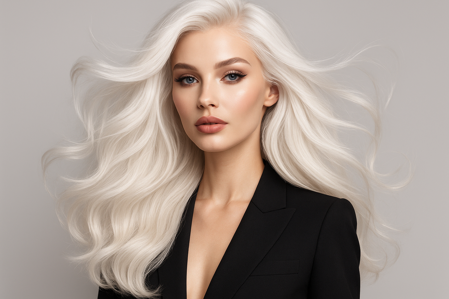 我是一个假发网站，我需要一张欧美美女  白色长发，时尚，漂亮的海报